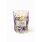 Candle in a glass jar with floral design and 'French Lavender' label on a white background