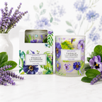 French Lavender candle with packaging and floral elements on a white background