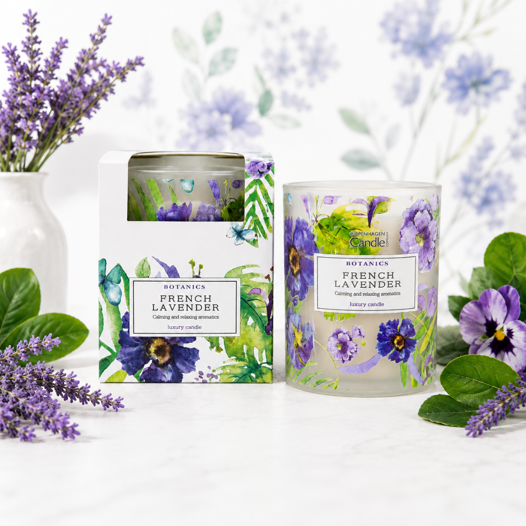 French Lavender candle with packaging and floral elements on a white background